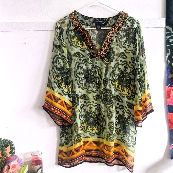 Boston Proper Silk Medallion Wooden Beaded Tunic Top - Picture 1 of 10